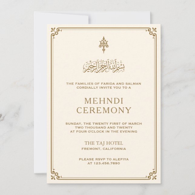 Traditional Cream Gold Border Islamic Mehndi Invitation (Front)