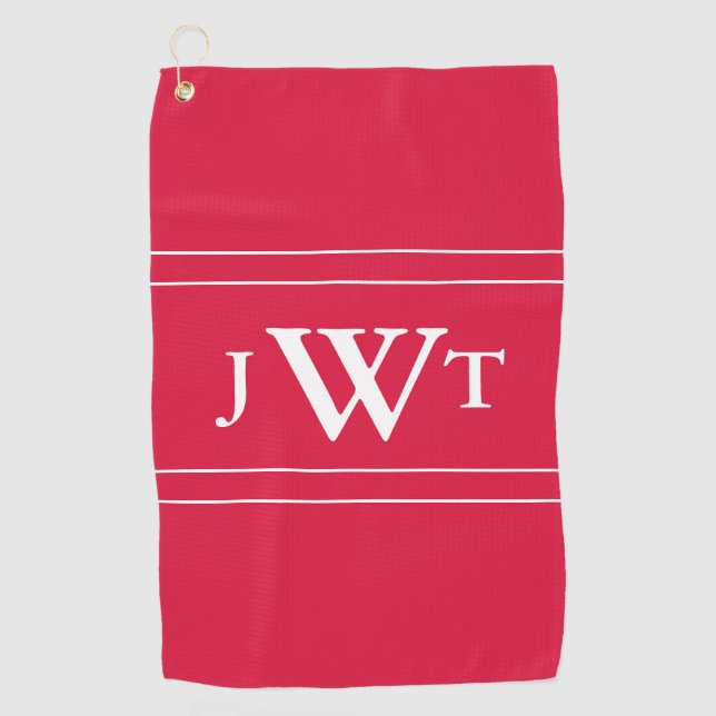 Traditional Crimson Red and White Monogram Golf Towel (Front)