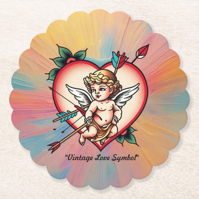 Traditional Cupid Love Tattoo Paper Coaster (Front)