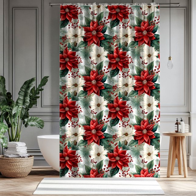 Traditional Curtain Red Poinsettia Holiday Look (Traditional Curtain Red Poinsettia Holiday Look)