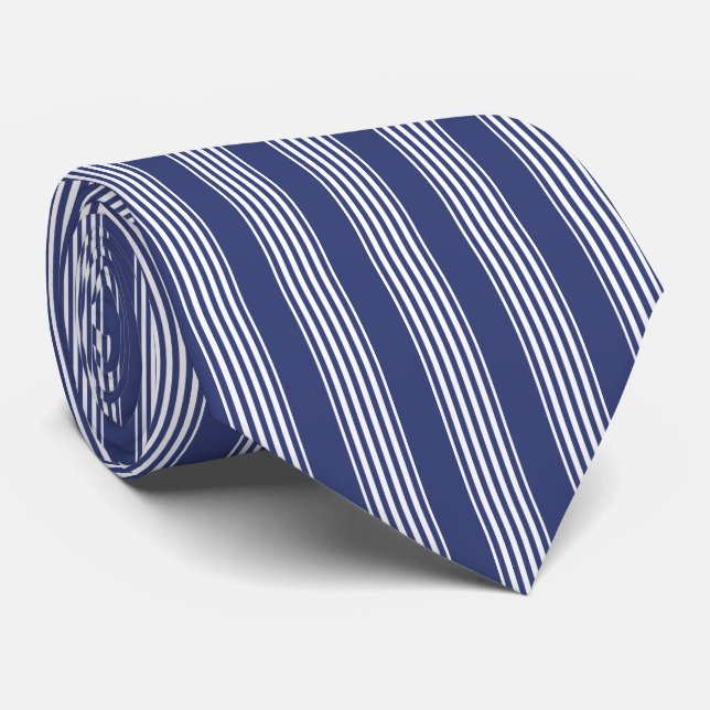 Traditional Dark Blue and White Striped Neck Tie (Rolled)