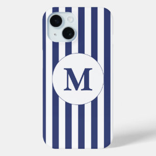 Traditional Dark Blue and White Stripes Monogram iPhone 15 Case