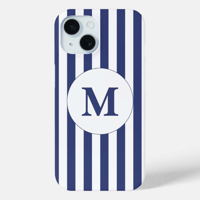 Traditional Dark Blue and White Stripes Monogram Case-Mate iPhone Case (Back)
