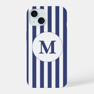 Traditional Dark Blue and White Stripes Monogram iPhone 15 Case