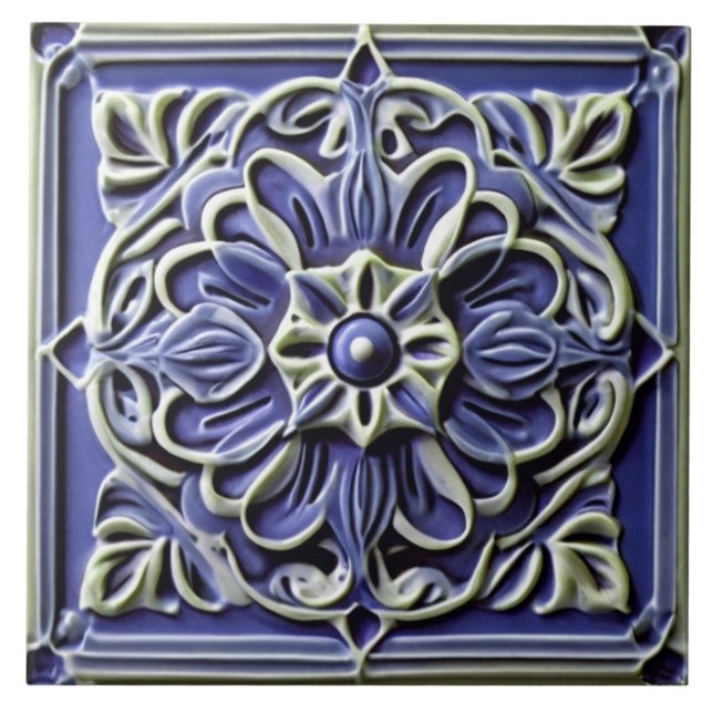 Traditional Dark Indigo Blue Faux Relief Flower Tile (Front)