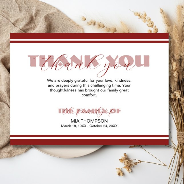 Traditional Deep Burgundy Lines Memorial Thank Thank You Card (Creator Uploaded)