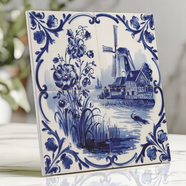 Traditional Delftware Windmill and Floral Tile (Creator Uploaded)