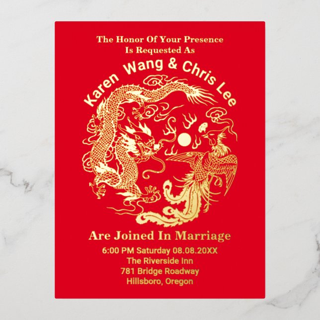 Traditional Dragon Phoenix Asian Chinese Wedding Foil Holiday Postcard (Front)