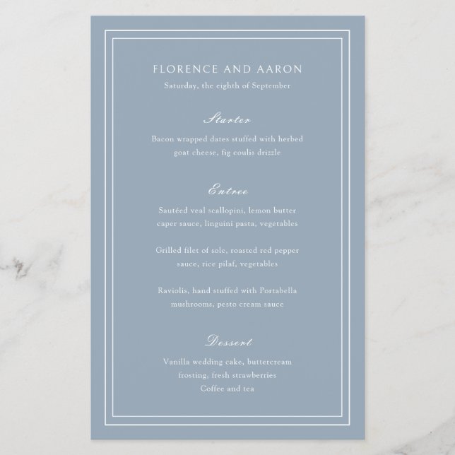 Traditional Dusty Blue Budget Wedding Menu (Front)
