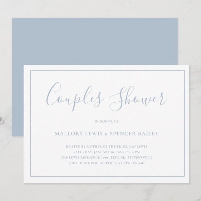 Traditional Dusty Blue Elegant Couples Shower Invitation (Front/Back)