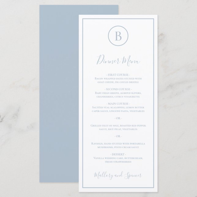 Traditional Dusty Blue Elegant Wedding Menu (Front/Back)