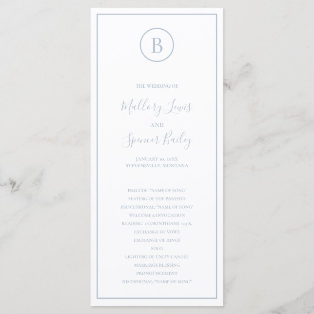 Traditional Dusty Blue Elegant Wedding Programme (Front)