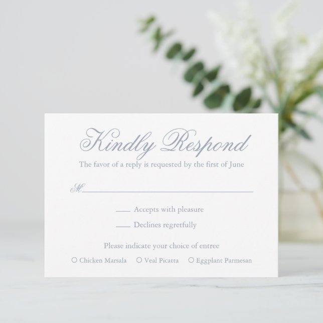Traditional Dusty Blue Formal Elegant Wedding RSVP Card (Standing Front)