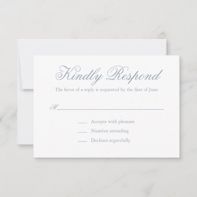 Traditional Dusty Blue Formal Elegant Wedding RSVP Card (Front)