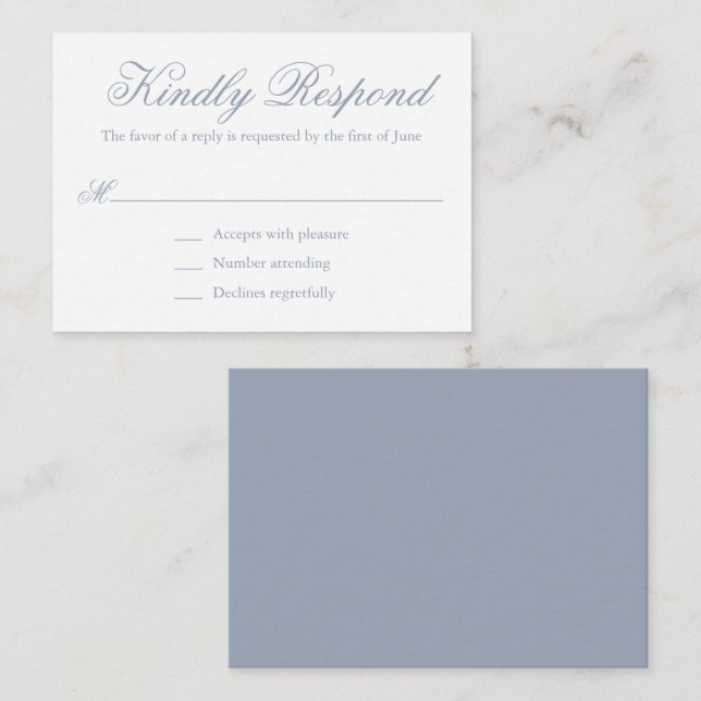 Traditional Dusty Blue Formal Mini Wedding RSVP Card (Front/Back)