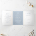 Traditional Dusty Blue Monogram Elegant Wedding Tri-Fold Invitation<br><div class="desc">Simple All In One Wedding Invitation template with rsvp card and enclosure card attached, making this invitation suite convenient and budget friendly. The wedding invitation features your monogram in a circle at the top and your wedding details surrounded by a thin border along with your names are in an elegant...</div>