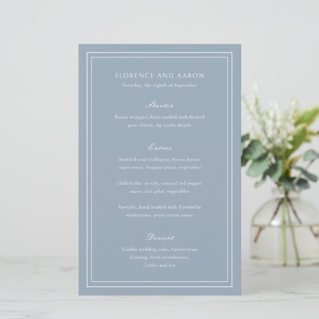 Traditional Dusty Blue Timeless Wedding Menu (Standing Front)