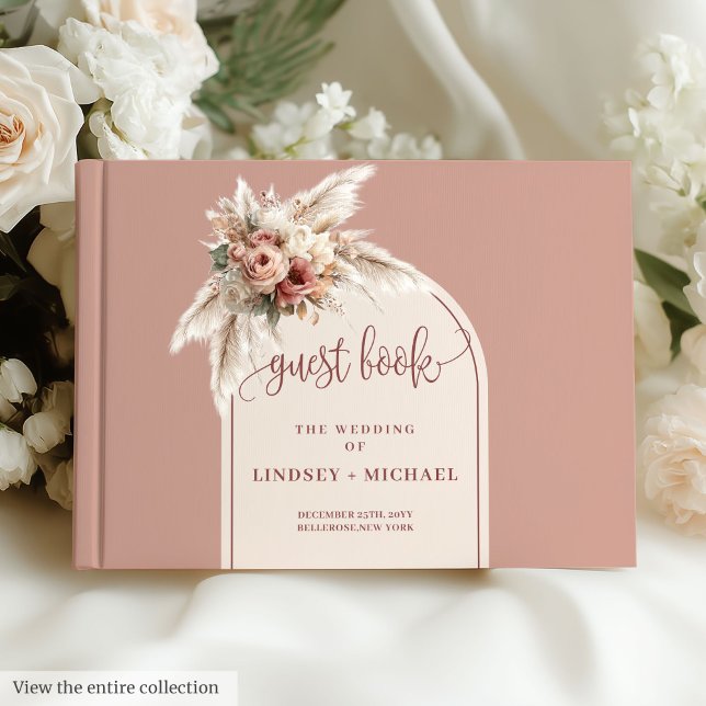 Traditional Dusty Pink Pampas Roses Arch Wedding  Guest Book (Traditional Dusty Pink Pampas Roses Arch Wedding Guest Book )