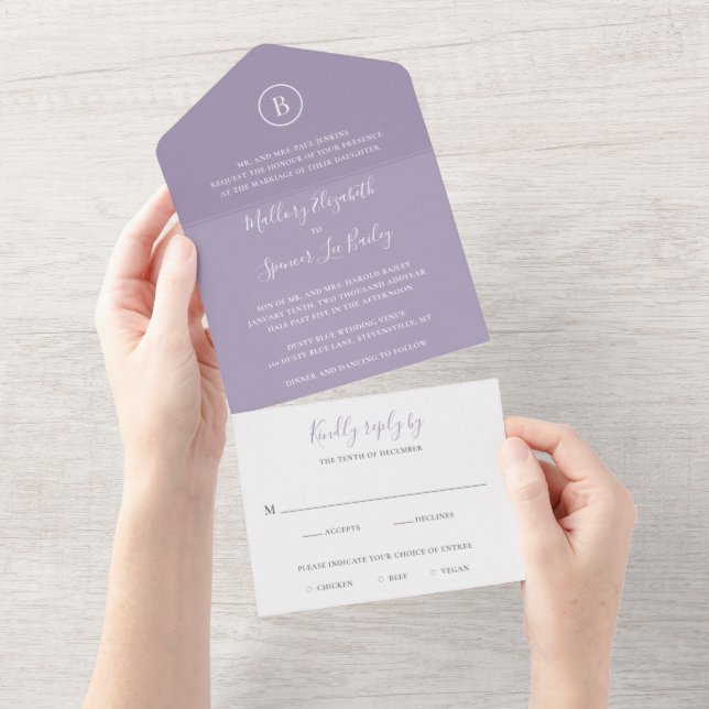 Traditional Dusty Purple Elegant Wedding All In One Invitation (Tearaway)