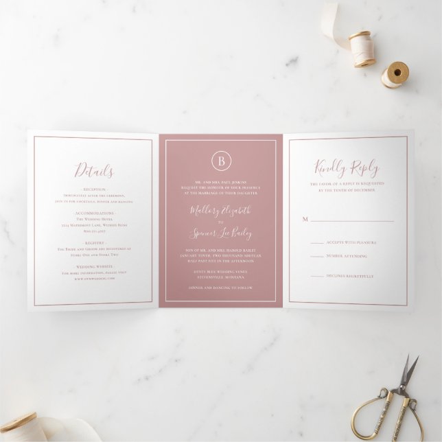 Traditional Dusty Rose Pink Elegant Wedding Tri-Fold Invitation (Inside)