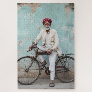 Traditional Elderly Indian Man Vintage Bicycle Jigsaw Puzzle