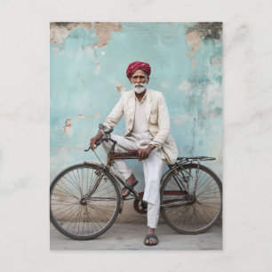 Traditional Elderly Indian Man Vintage Bicycle Postcard
