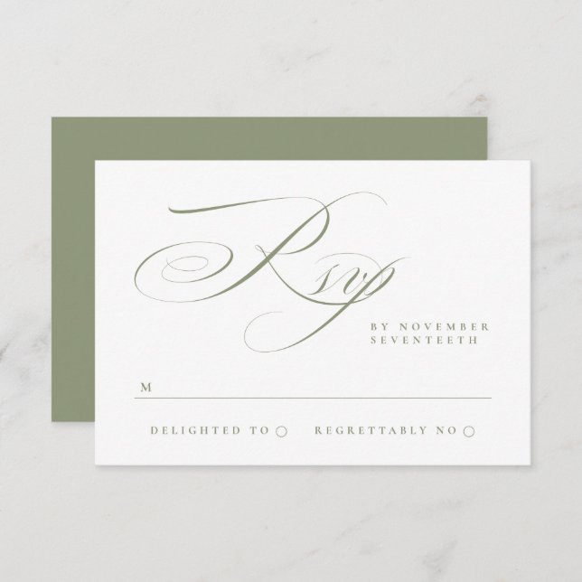 Traditional Elegant Calligraphy Sage Green Wedding RSVP Card (Front/Back)