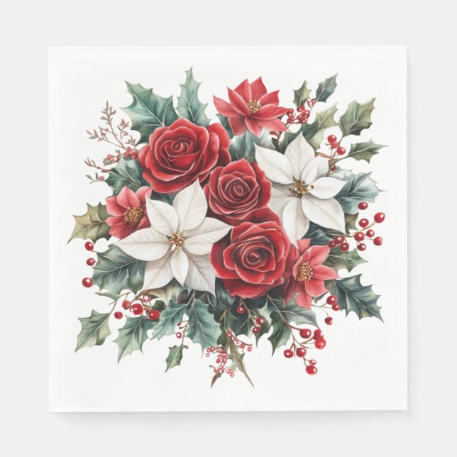 Traditional Elegant Christmas Poinsettia Lunch Napkin (Front)