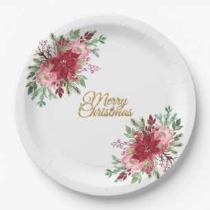 Traditional Elegant Christmas Poinsettia Paper Plate