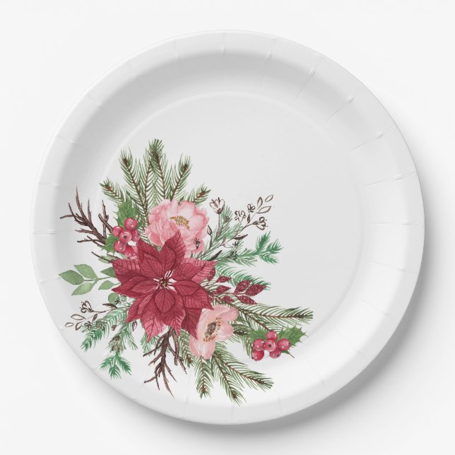Traditional Elegant Christmas Poinsettia  Paper Plate (Front)
