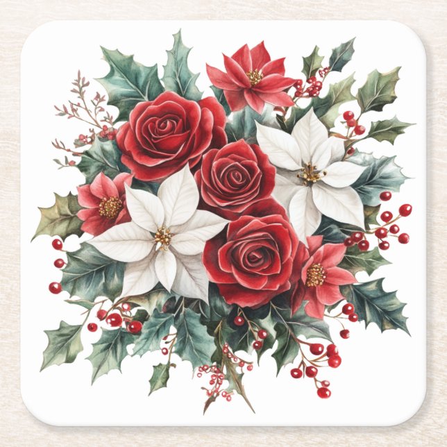 Traditional Elegant Christmas Poinsettia  Square Paper Coaster (Front)