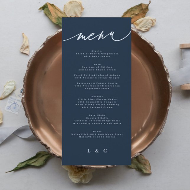 Traditional Elegant Navy Blue White Monogram Menu (Creator Uploaded)