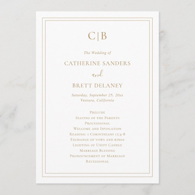 Traditional Elegant Simple Monogram Gold Wedding Programme (Front)