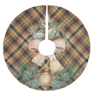 Traditional elegant tartan brown with festive bell brushed polyester tree skirt