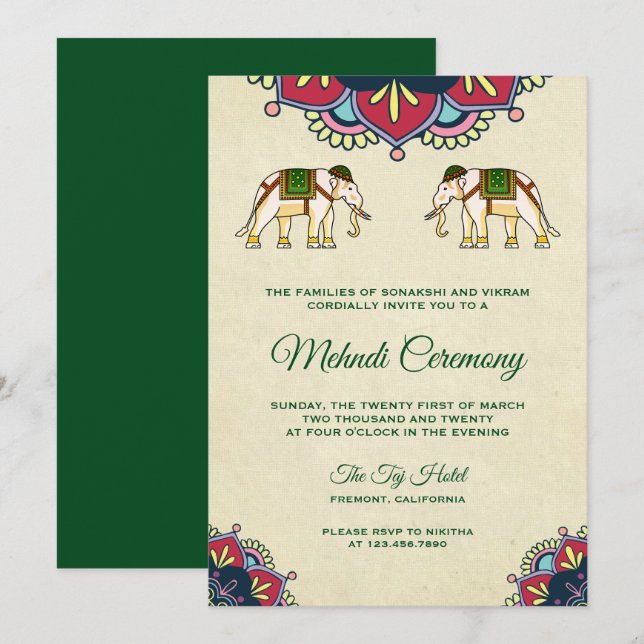 Traditional Elephants Indian Henna Mehndi Ceremony Invitation (Front/Back)