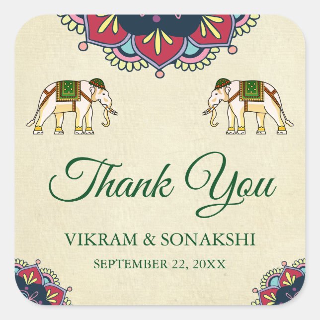 Traditional Elephants Indian Wedding Favour Sticke Square Sticker (Front)