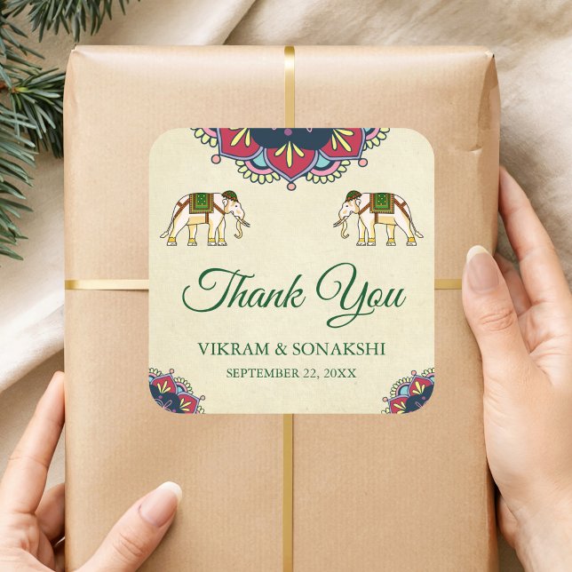 Traditional Elephants Indian Wedding Favour Sticke Square Sticker (Creator Uploaded)