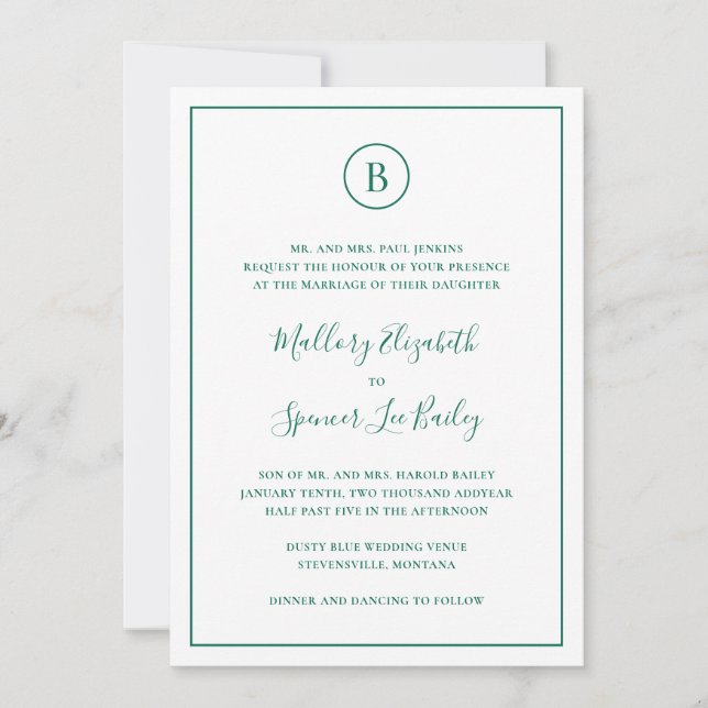 Traditional Emerald Green All In One Wedding Invitation (Front)