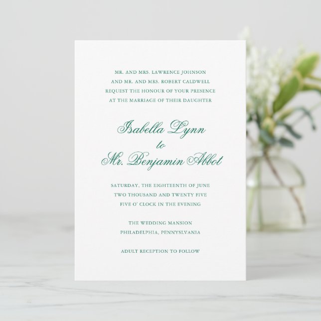 Traditional Emerald Green Formal Elegant Wedding Invitation (Standing Front)