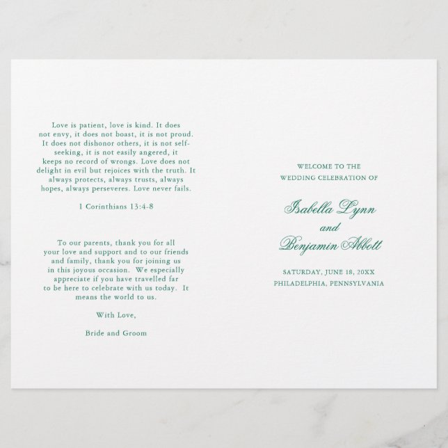Traditional Emerald Green Formal Wedding Program (Front)