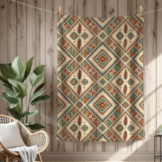 Traditional Ethnic vibrant Tribal feathers brown Fleece Blanket