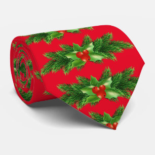 Traditional Evergreens and Holly Christmas Tie