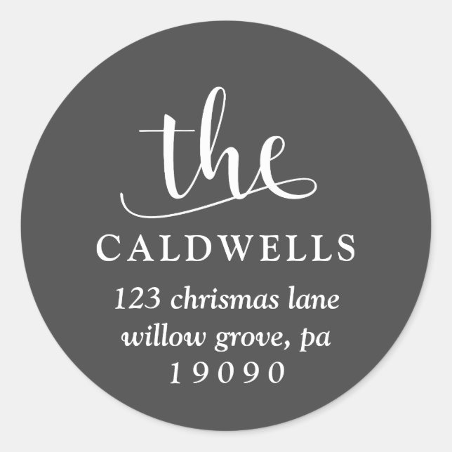Traditional Family Calligraphy Grey Return Address Classic Round Sticker (Front)