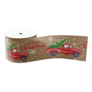 Traditional Farm Red Truck Merry Christmas Grosgrain Ribbon