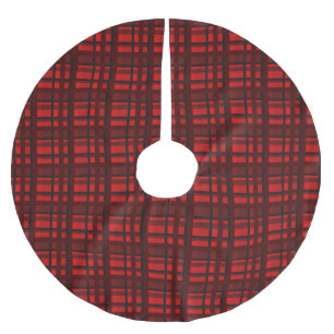 Traditional farmhouse red black plaid madras brushed polyester tree skirt