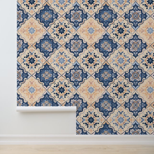 Traditional Farmhouse Tile Blue Peach Geometric Wallpaper (Application)