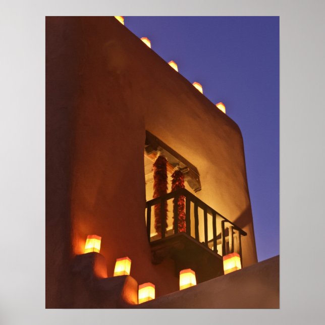 Traditional farolitos light up adobe structures poster (Front)