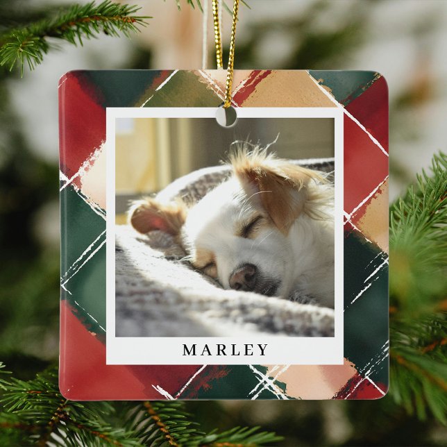 Traditional Festive Plaid Pet Photo Christmas Ceramic Ornament (Creator Uploaded)