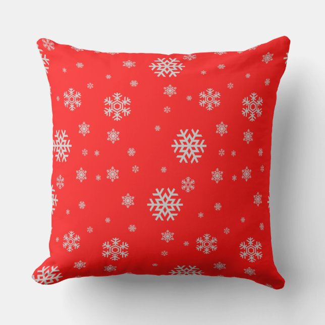 Traditional festive red pattern white snowflakes cushion (Front)