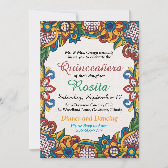 Traditional Fiesta Spanish Border Quinceanera Invi Invitation (Front)